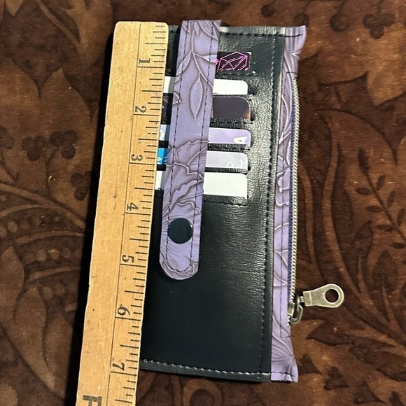 Wallet purple flowers black purse pall card holder zipper hand made - Picture 5 of 8
